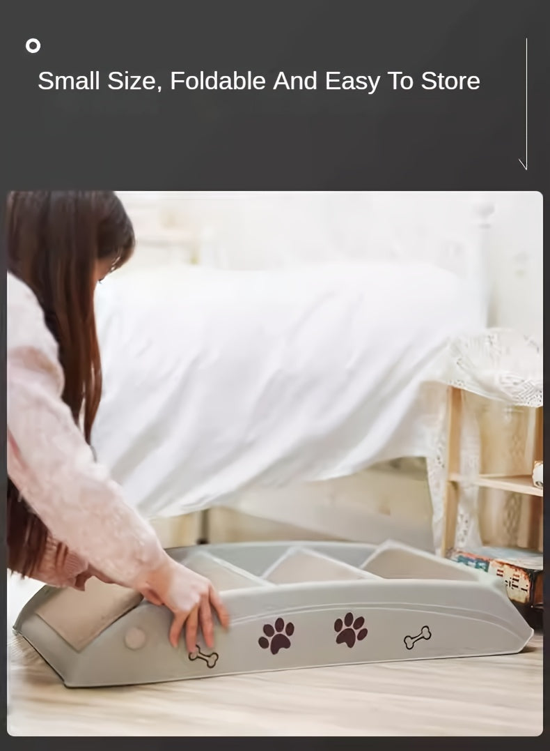 Escada Pet Portátil Dobrável – Para Cães e Gatos de Pequeno Porte | Escada de Plástico com Degraus Antiderrapantes e Estampa de Patinhas