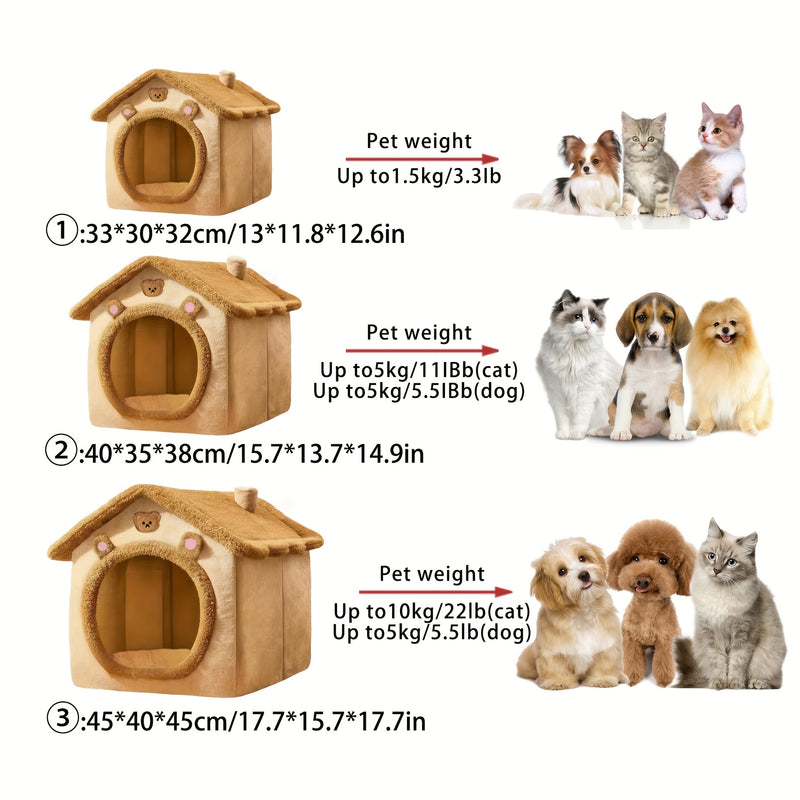 Casa Única para Pets em Estilo Vila Pequena Com Forro de Fleece Ártico e Fleece Curto, Fundo Antiderrapante Removível e Lavável, Ideal para Gatos e Cães Ultra-Pequenos, Pequenos e Médios.
