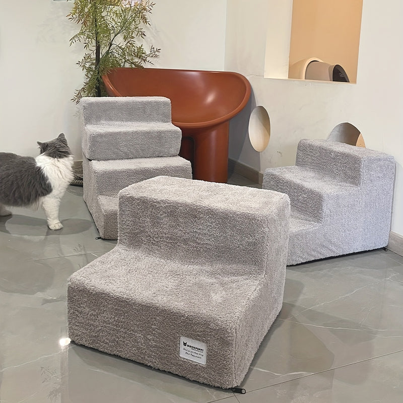 Escada Pet com 2 Degraus – Para Camas e Sofás Altos | Tecido Plush Cinza, Estrutura em Espuma | Design Aconchegante para Cães e Gatos de Pequeno Porte