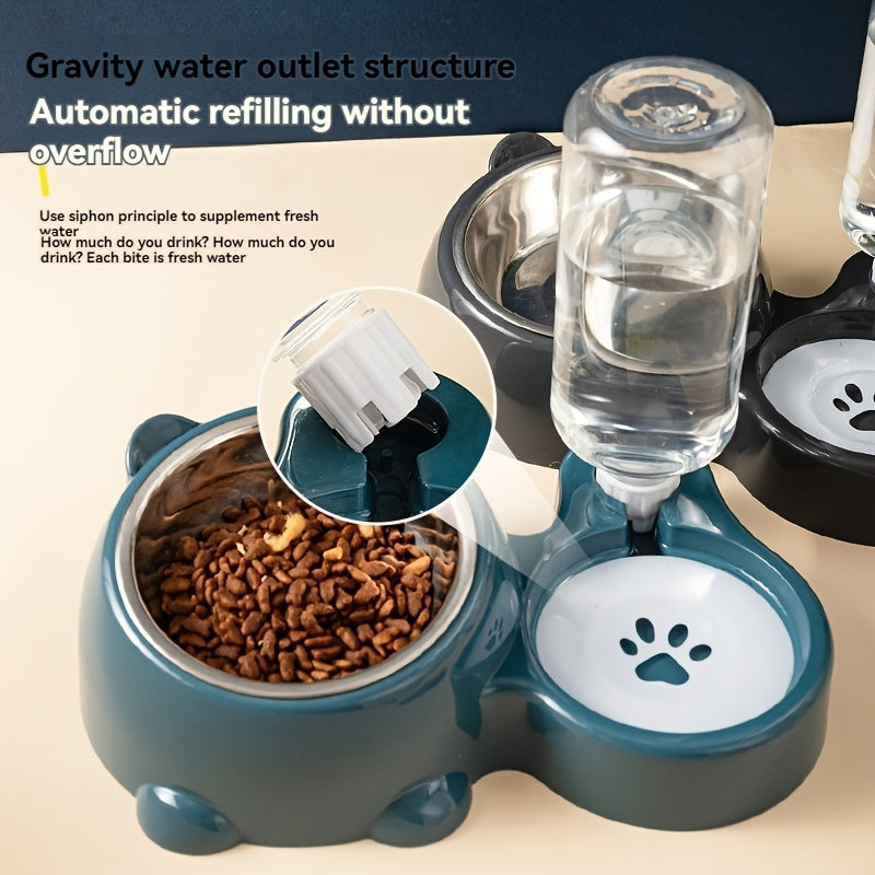 Comedouro Elevado 2 em 1 com Bebedouro Automático – Tigelas Inclinadas de Aço Inoxidável Antiderrapantes para Gatos e Cães.