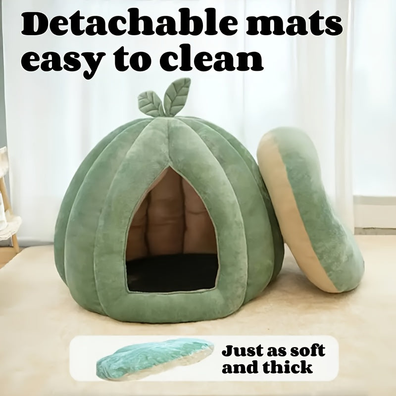 Cama Confortável para Gatos em Formato de Abóbora Verde – Pelúcia Espessa com Enchimento de PP, Fácil de Montar | Cama de Pelúcia para Gatos | Forro Interno de Pelúcia.