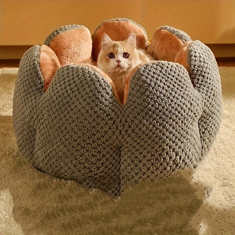 Cama Confortável para Gato em Forma de Pétala de Pelúcia -  Verde com Textura Tricotada, Enchimento de Poliéster | Cama em Forma de Pétala | Cama Confortável para Pets