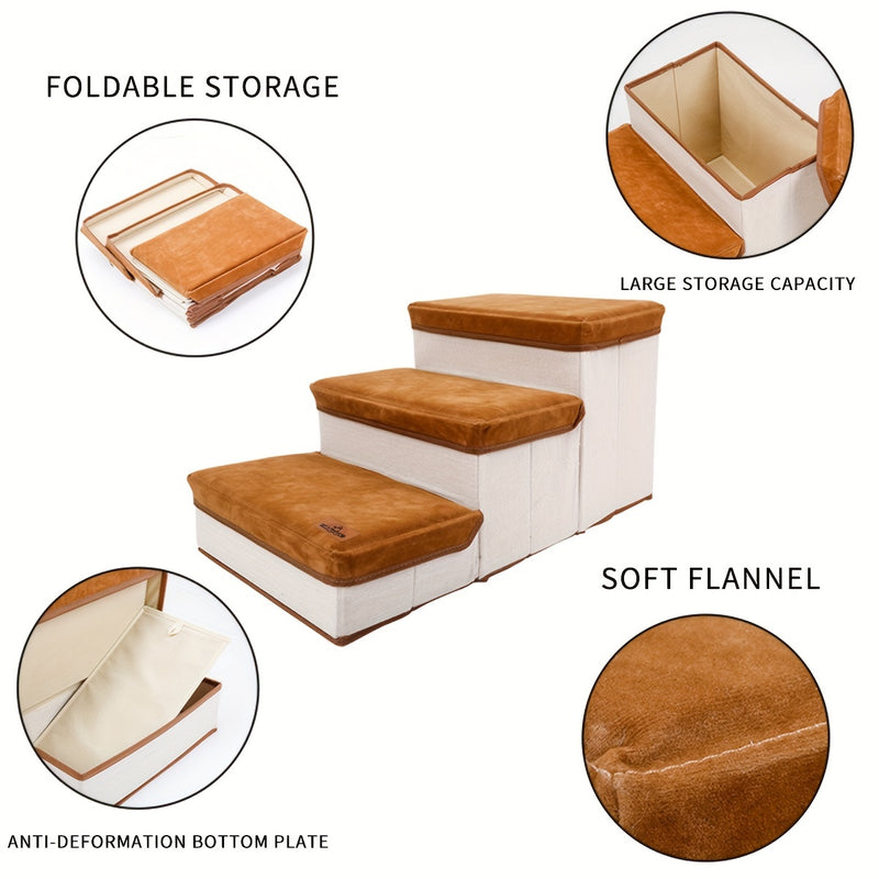 Escada Pet Dobrável com 3 Degraus e Espaço de Armazenamento | Superfície Antiderrapante e Degraus Acolchoados em Plush | Ideal para Cães de Pequeno, Médio e Grande Porte