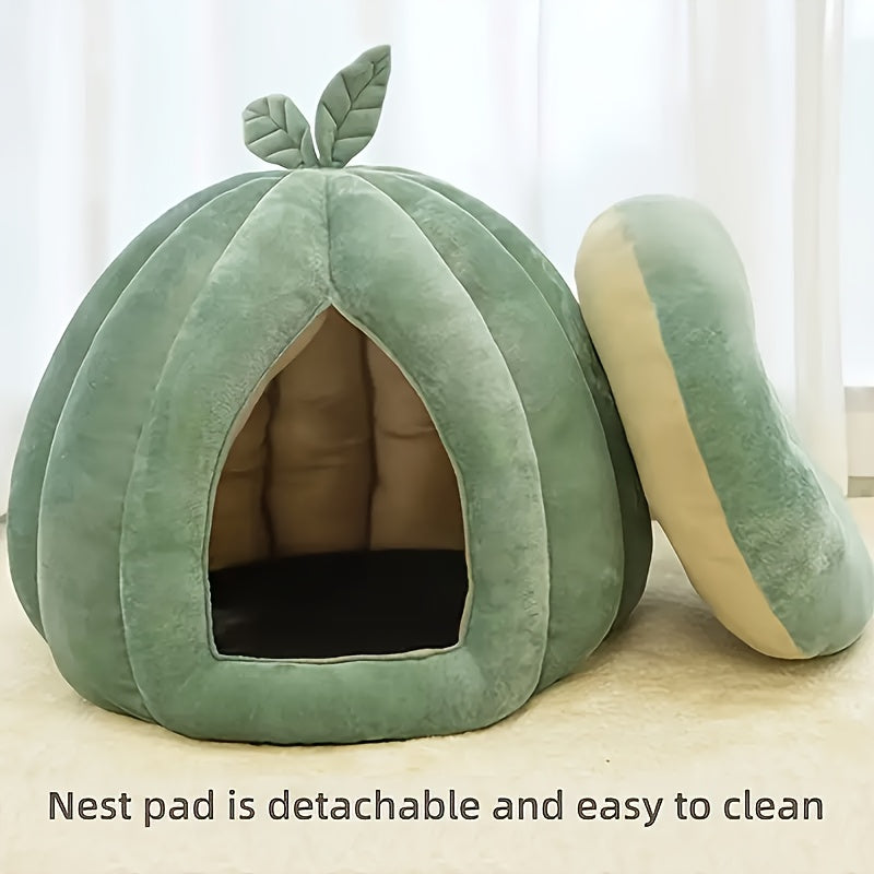 Cama Confortável para Gatos em Formato de Abóbora Verde – Pelúcia Espessa com Enchimento de PP, Fácil de Montar | Cama de Pelúcia para Gatos | Forro Interno de Pelúcia.