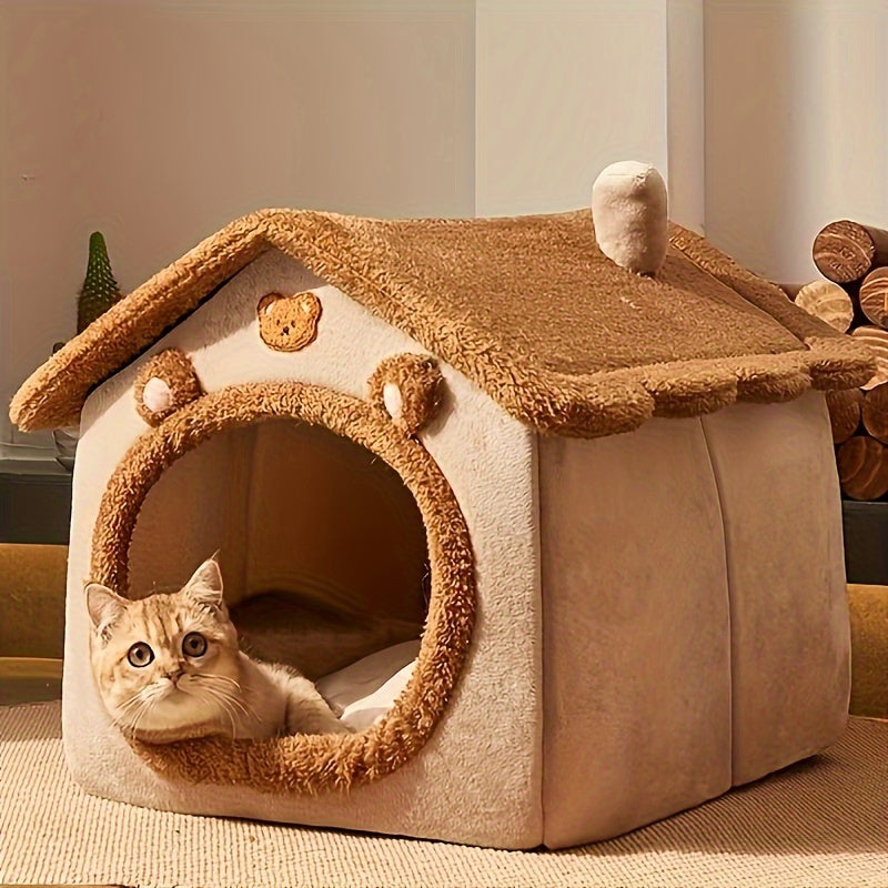 Cama Caverninha Confortável para Gatos – Lavável e Destacável, Casa Macia para Pets em Poliéster, para Aquecimento no Inverno.