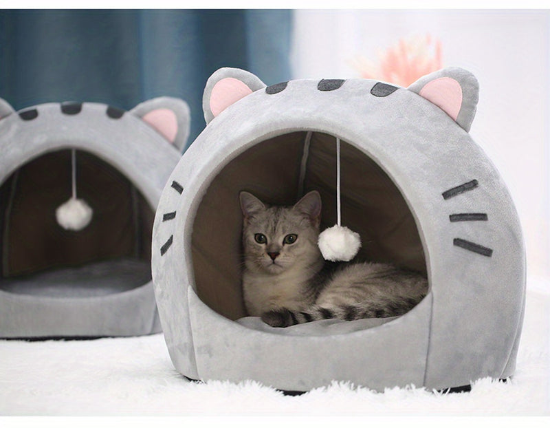 Grande Cama Caverninha Confortável para Gatos de Interior – Cama para Gato com Capuz de Pelúcia Cinza com Orelhas Cor-de-Rosa Adoráveis, Interior Macio e Almofada Removível e Lavável – Perfeita para Aconchegar e Cochilar, Camas para Gatos.