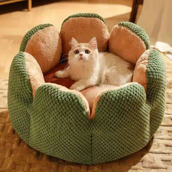 Cama Confortável para Gato em Forma de Pétala de Pelúcia -  Verde com Textura Tricotada, Enchimento de Poliéster | Cama em Forma de Pétala | Cama Confortável para Pets