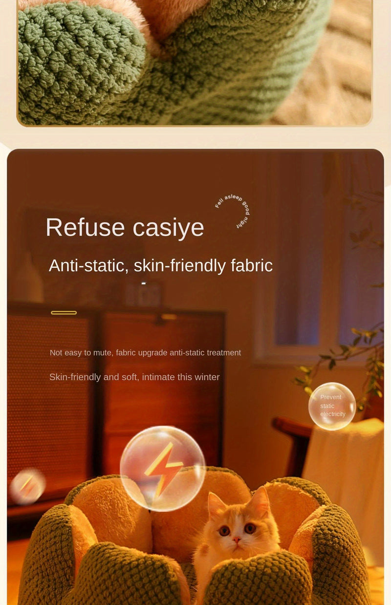 Cama Confortável para Gato em Forma de Pétala de Pelúcia -  Verde com Textura Tricotada, Enchimento de Poliéster | Cama em Forma de Pétala | Cama Confortável para Pets