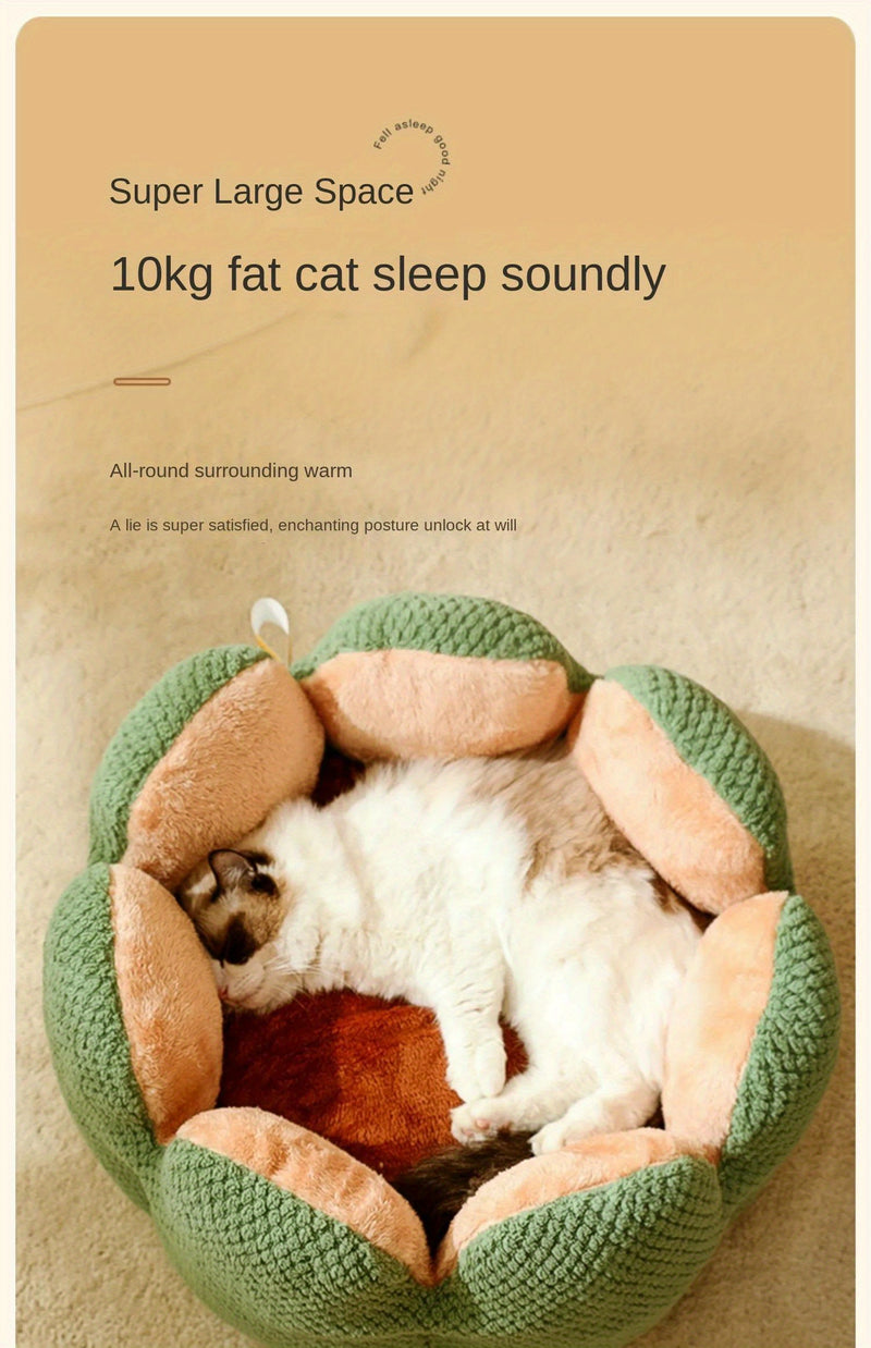 Cama Confortável para Gato em Forma de Pétala de Pelúcia -  Verde com Textura Tricotada, Enchimento de Poliéster | Cama em Forma de Pétala | Cama Confortável para Pets