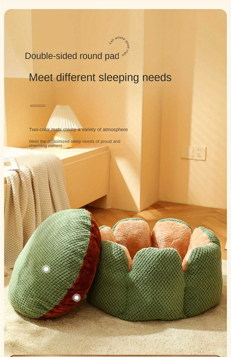 Cama Confortável para Gato em Forma de Pétala de Pelúcia -  Verde com Textura Tricotada, Enchimento de Poliéster | Cama em Forma de Pétala | Cama Confortável para Pets