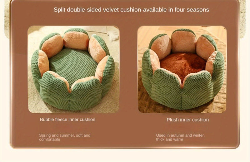 Cama Confortável para Gato em Forma de Pétala de Pelúcia -  Verde com Textura Tricotada, Enchimento de Poliéster | Cama em Forma de Pétala | Cama Confortável para Pets