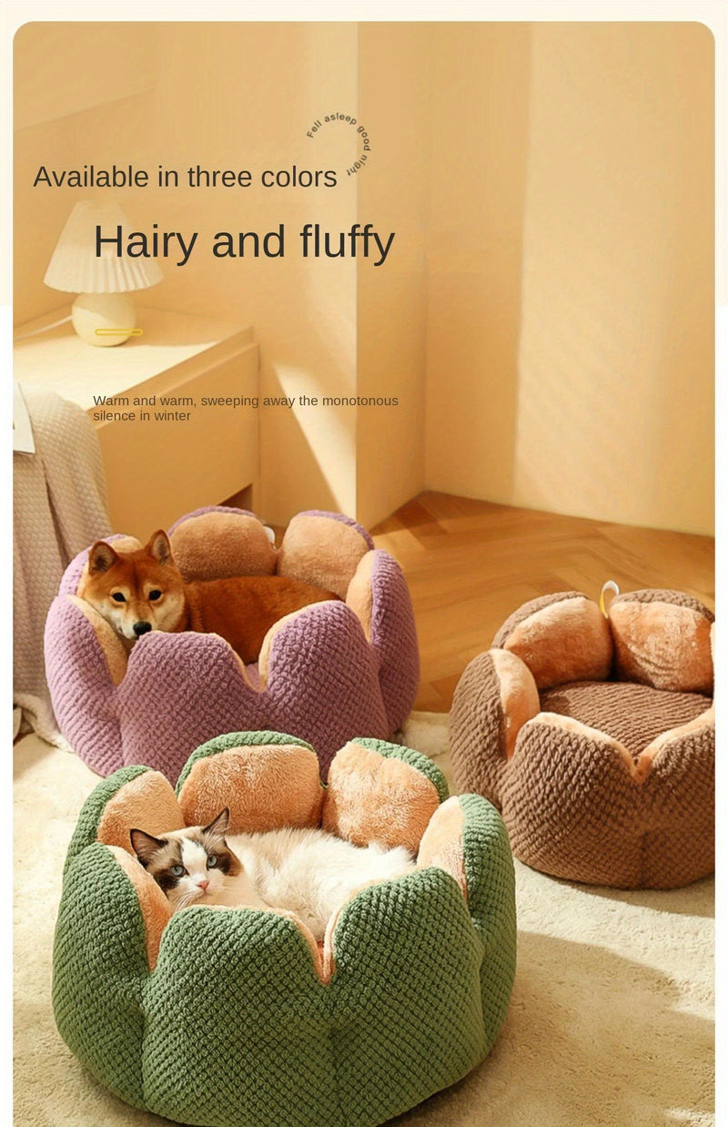 Cama Confortável para Gato em Forma de Pétala de Pelúcia -  Verde com Textura Tricotada, Enchimento de Poliéster | Cama em Forma de Pétala | Cama Confortável para Pets
