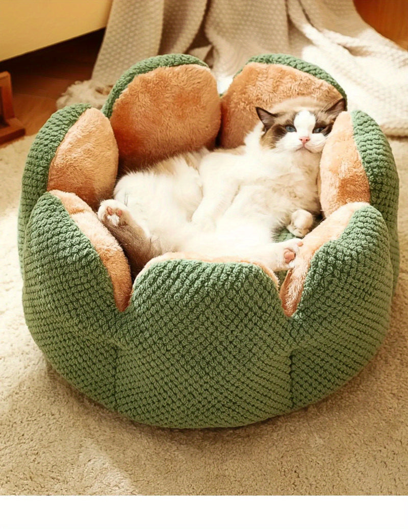 Cama Confortável para Gato em Forma de Pétala de Pelúcia -  Verde com Textura Tricotada, Enchimento de Poliéster | Cama em Forma de Pétala | Cama Confortável para Pets