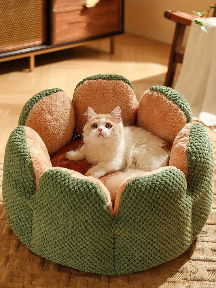 Cama Confortável para Gato em Forma de Pétala de Pelúcia -  Verde com Textura Tricotada, Enchimento de Poliéster | Cama em Forma de Pétala | Cama Confortável para Pets