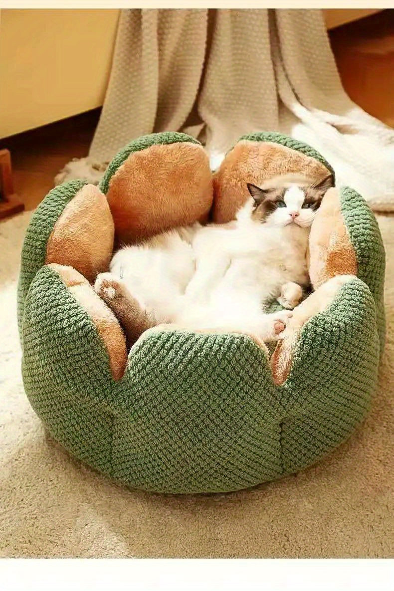 Cama Confortável para Gato em Forma de Pétala de Pelúcia -  Verde com Textura Tricotada, Enchimento de Poliéster | Cama em Forma de Pétala | Cama Confortável para Pets