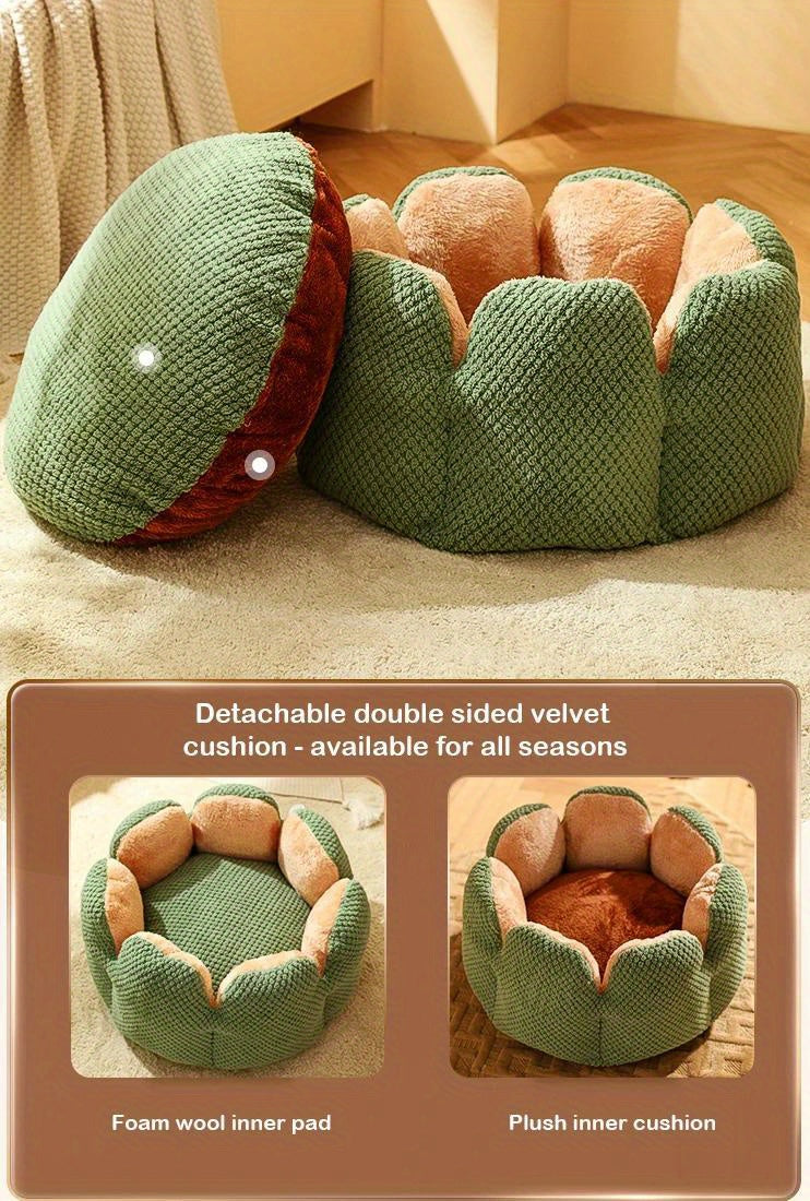 Cama Confortável para Gato em Forma de Pétala de Pelúcia -  Verde com Textura Tricotada, Enchimento de Poliéster | Cama em Forma de Pétala | Cama Confortável para Pets