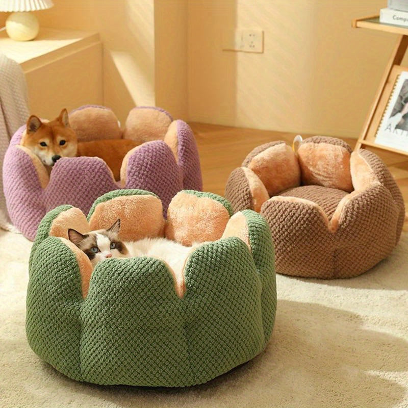 Cama Confortável para Gato em Forma de Pétala de Pelúcia -  Verde com Textura Tricotada, Enchimento de Poliéster | Cama em Forma de Pétala | Cama Confortável para Pets