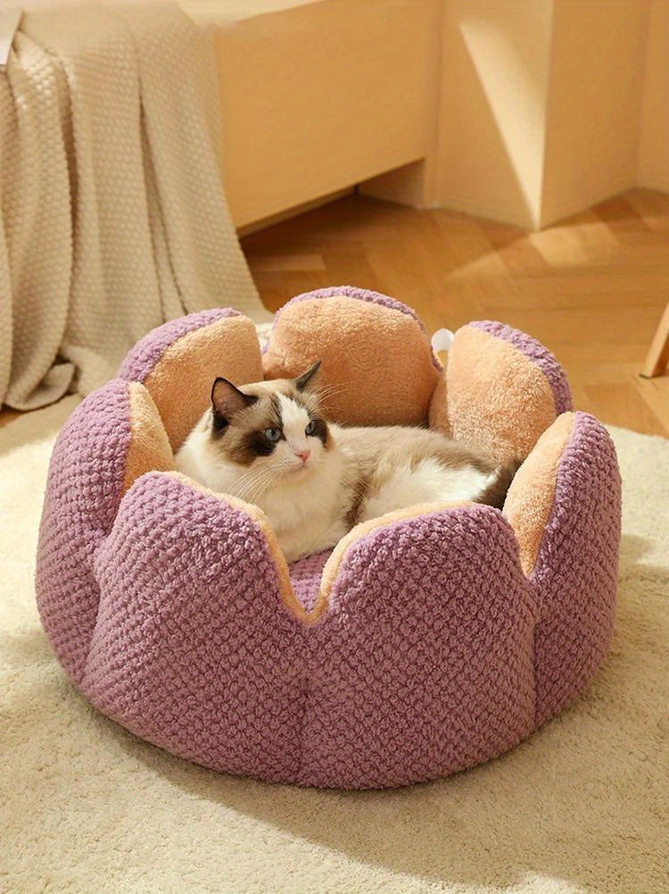 Cama Confortável para Gato em Forma de Pétala de Pelúcia -  Verde com Textura Tricotada, Enchimento de Poliéster | Cama em Forma de Pétala | Cama Confortável para Pets