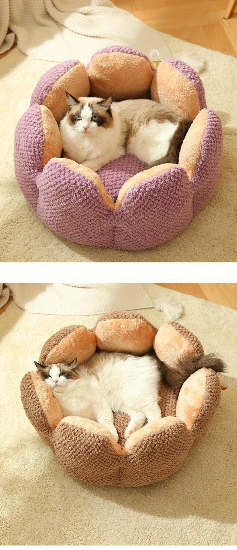 Cama Confortável para Gato em Forma de Pétala de Pelúcia -  Verde com Textura Tricotada, Enchimento de Poliéster | Cama em Forma de Pétala | Cama Confortável para Pets