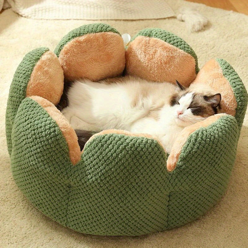 Cama Confortável para Gato em Forma de Pétala de Pelúcia -  Verde com Textura Tricotada, Enchimento de Poliéster | Cama em Forma de Pétala | Cama Confortável para Pets