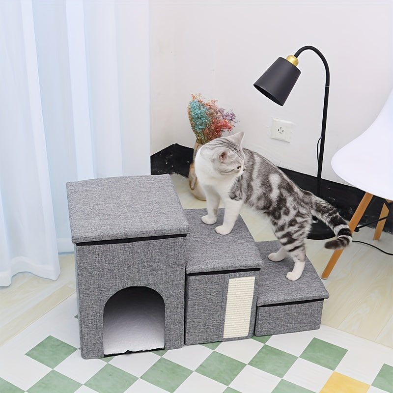 Casinha Multifuncional para Gatos com Escada de 3 Degraus | Sofá-Cama Dobrável para Gatos | Escada Antiderrapante |