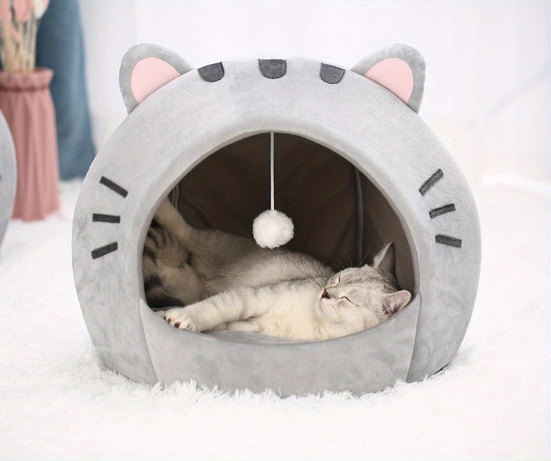 Grande Cama Caverninha Confortável para Gatos de Interior – Cama para Gato com Capuz de Pelúcia Cinza com Orelhas Cor-de-Rosa Adoráveis, Interior Macio e Almofada Removível e Lavável – Perfeita para Aconchegar e Cochilar, Camas para Gatos.
