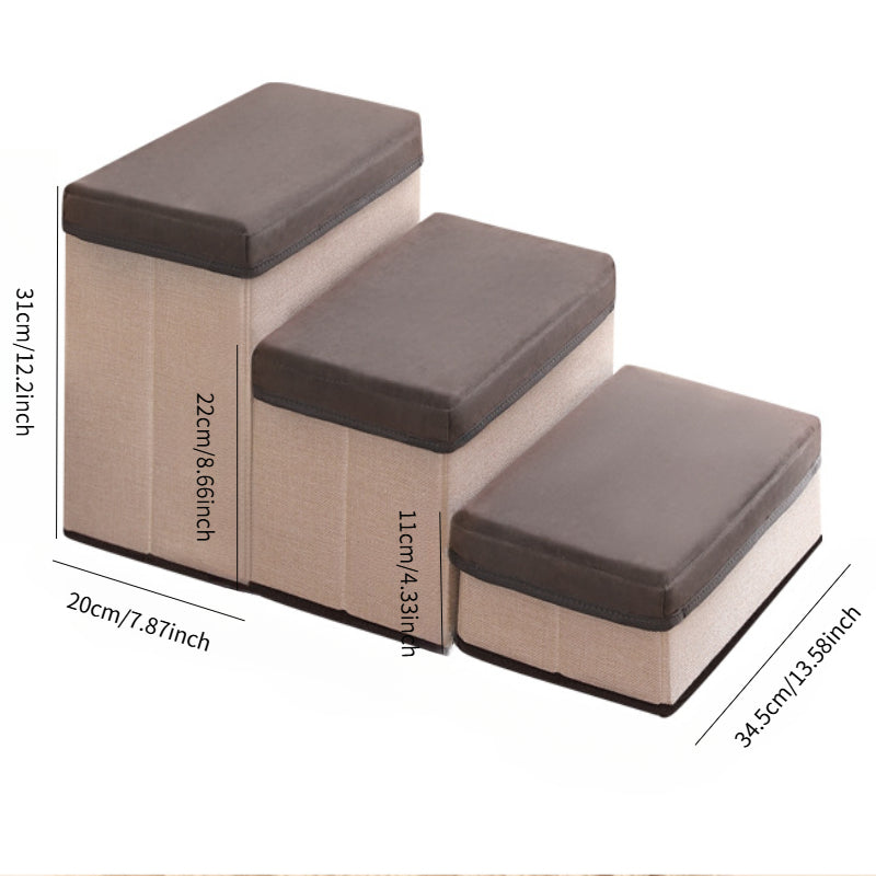 Escada Pet Dobrável com 3 Degraus e Armazenamento com Zíper | Degraus Acolchoados em Tecido Cinza | Superfície Antiderrapante | Ideal para Cães de Pequeno e Médio Porte