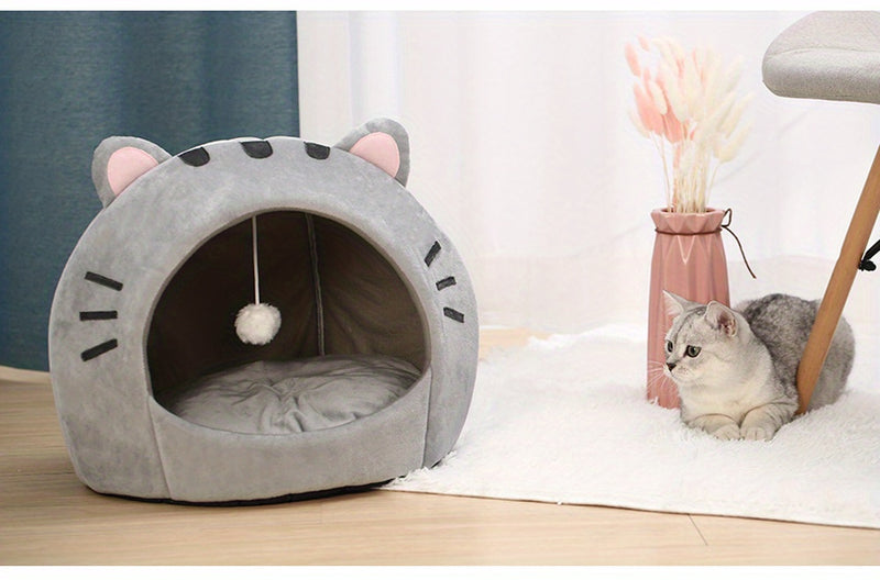 Grande Cama Caverninha Confortável para Gatos de Interior – Cama para Gato com Capuz de Pelúcia Cinza com Orelhas Cor-de-Rosa Adoráveis, Interior Macio e Almofada Removível e Lavável – Perfeita para Aconchegar e Cochilar, Camas para Gatos.