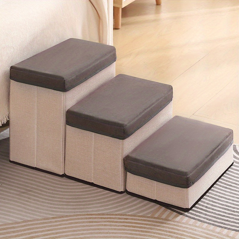 Escada Pet Dobrável com 3 Degraus e Armazenamento com Zíper | Degraus Acolchoados em Tecido Cinza | Superfície Antiderrapante | Ideal para Cães de Pequeno e Médio Porte