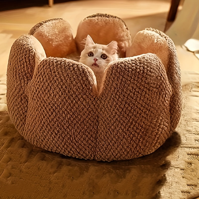 Cama Confortável para Gato em Forma de Pétala de Pelúcia -  Verde com Textura Tricotada, Enchimento de Poliéster | Cama em Forma de Pétala | Cama Confortável para Pets