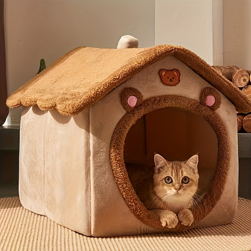 Cama Caverninha Confortável para Gatos – Lavável e Destacável, Casa Macia para Pets em Poliéster, para Aquecimento no Inverno.