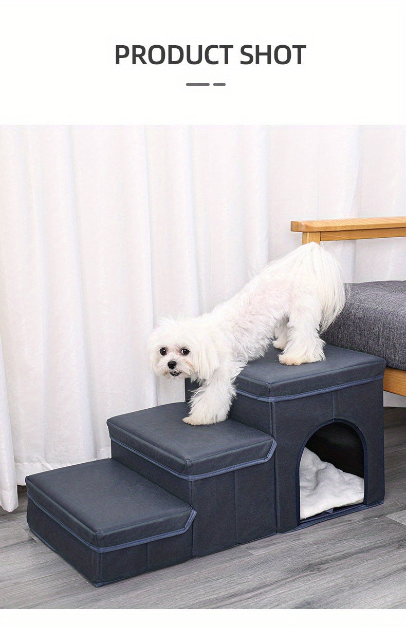 Escada Pet Dobrável para Cães de Pequeno e Mini Porte | Degraus em Poliéster com 2 Caixas Organizadoras | Acesso Fácil para Camas e Sofás