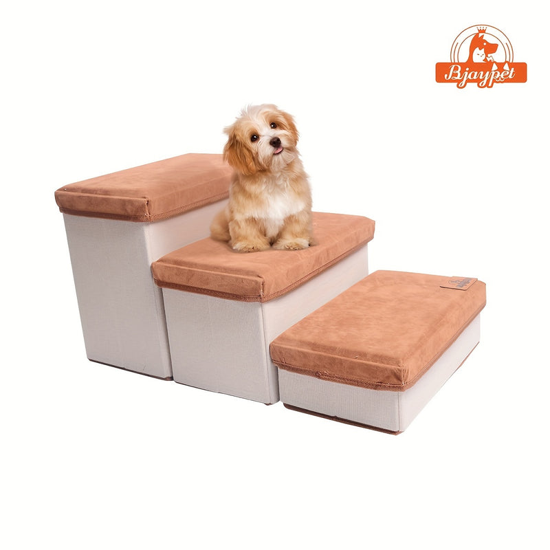 Escada Pet Dobrável com 3 Degraus e Espaço de Armazenamento | Superfície Antiderrapante e Degraus Acolchoados em Plush | Ideal para Cães de Pequeno, Médio e Grande Porte