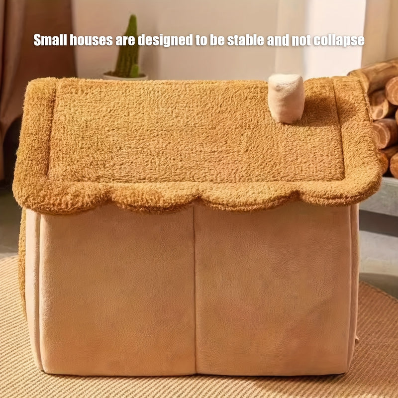 Casa Única para Pets em Estilo Vila Pequena Com Forro de Fleece Ártico e Fleece Curto, Fundo Antiderrapante Removível e Lavável, Ideal para Gatos e Cães Ultra-Pequenos, Pequenos e Médios.