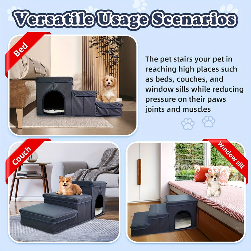 Escada Pet Dobrável com 3 Degraus e Espaço de Armazenamento | Rampa Antiderrapante para Sofás e Camas Altas