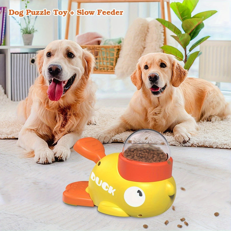 Brinquedo Interativo Dispensador de Petiscos para Cães com Botão – Comedouro Lento e Quebra-Cabeça, Design em Forma de Pato, Estimula Alimentação Saudável e Desenvolvimento Mental, Plástico Resistente.