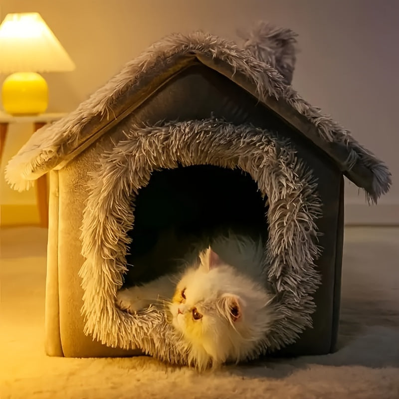 Cama para Gato para Todas as Estações, Cama Confortável para Pets, Casa para Gato com Fundo Removível Antiderrapante, Cama Semi-Fechada para Dormir de Pets, Lar para Gato.