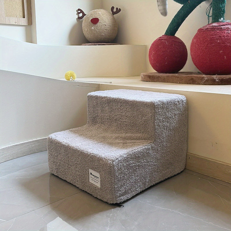 Escada Pet com 2 Degraus – Para Camas e Sofás Altos | Tecido Plush Cinza, Estrutura em Espuma | Design Aconchegante para Cães e Gatos de Pequeno Porte