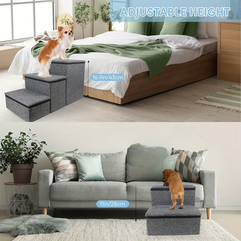 Escada Pet Dobrável com Caixa Organizadora | Degraus com Altura Ajustável | Superfície Antiderrapante | Rampa e Escada para Cães de Pequeno Porte | Ideal para Sofás e Camas