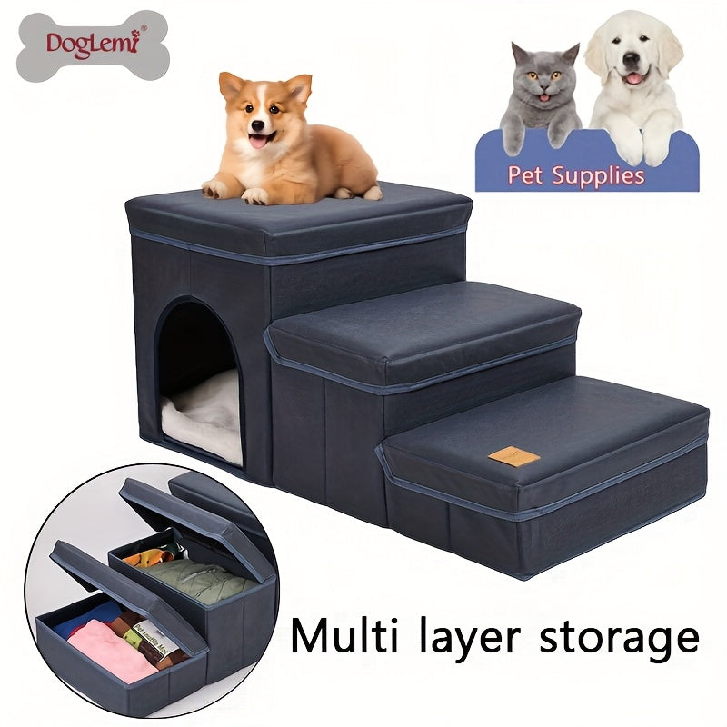 Escada Pet Dobrável com 3 Degraus e Espaço de Armazenamento | Rampa Antiderrapante para Sofás e Camas Altas