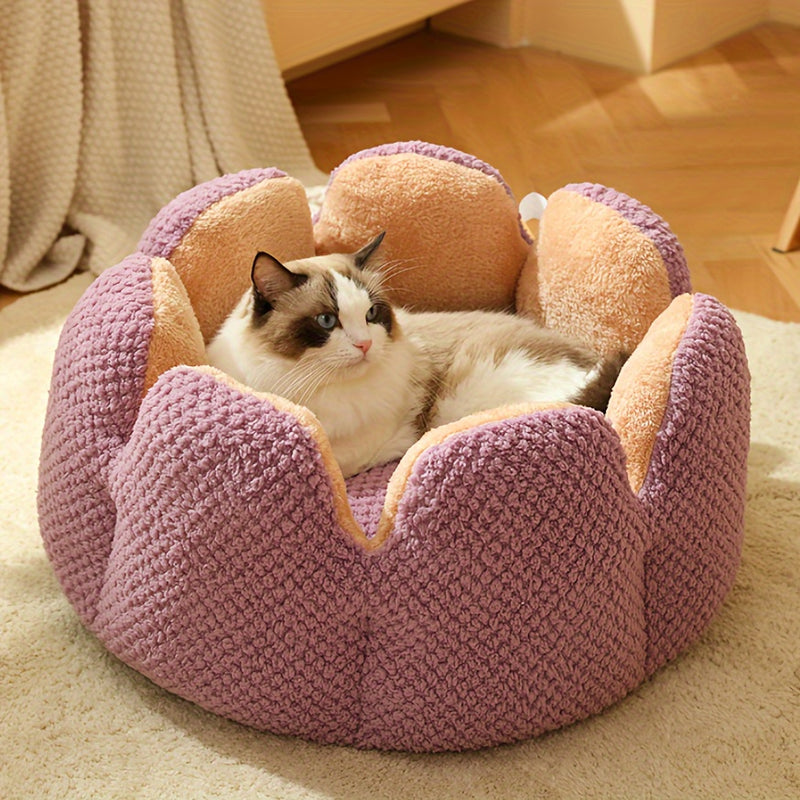 Cama Confortável para Gato em Forma de Pétala de Pelúcia -  Verde com Textura Tricotada, Enchimento de Poliéster | Cama em Forma de Pétala | Cama Confortável para Pets