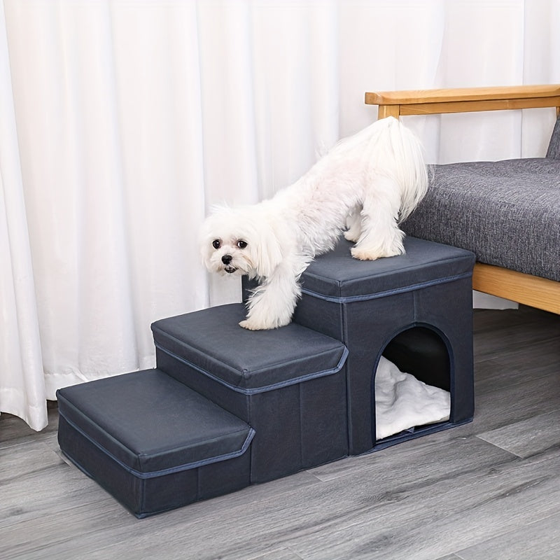Escada Pet Dobrável para Cães de Pequeno e Mini Porte | Degraus em Poliéster com 2 Caixas Organizadoras | Acesso Fácil para Camas e Sofás