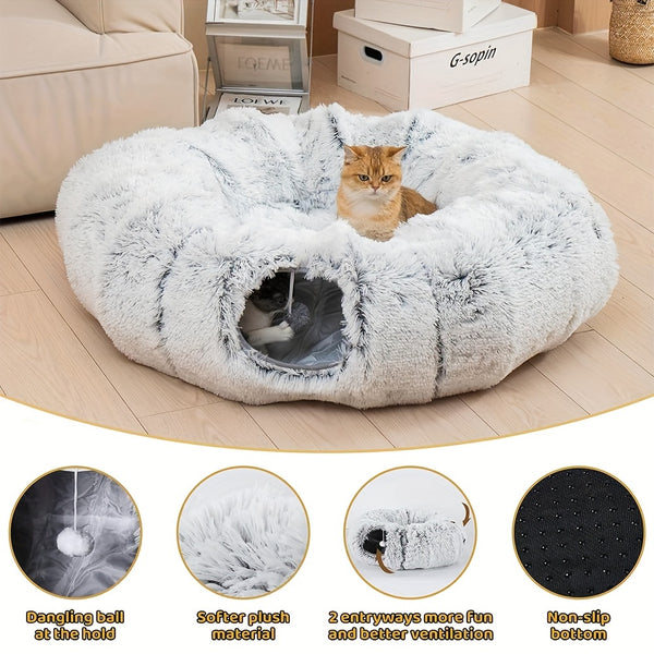 Túnel para Gatos com Cama – Túnel de Brincar com Tapete, Pelúcia Longa, Sono Profundo, Removível e Lavável, Passagem para Gatos Conectável e Multifuncional.