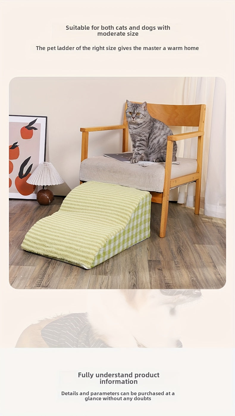 Rampa para Pets com 3 Degraus Antiderrapante para Cães de Pequeno a Grande Porte – Capa de Poliéster Xadrez Lavável com Revestimento Removível, Azul Claro, Bege e Verde, Ideal para Ambientes com Piso de Madeira, Degraus para Cães