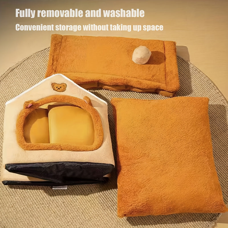 Casa Única para Pets em Estilo Vila Pequena Com Forro de Fleece Ártico e Fleece Curto, Fundo Antiderrapante Removível e Lavável, Ideal para Gatos e Cães Ultra-Pequenos, Pequenos e Médios.