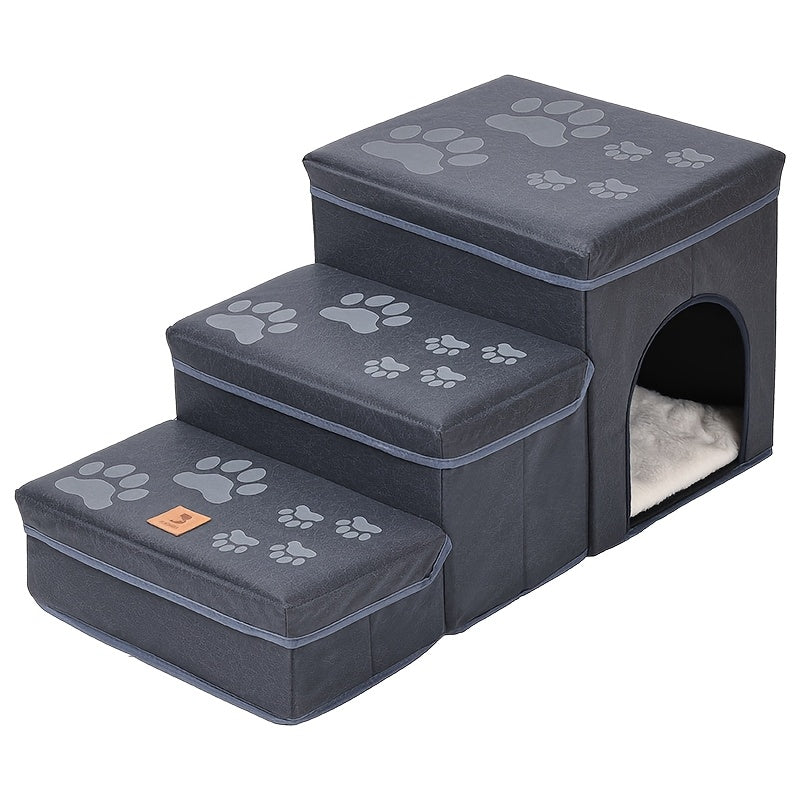 Escada Pet Dobrável com 3 Degraus e Estampa de Patinhas | Superfície Antiderrapante e Espaço de Armazenamento | Rampa e Degraus para Cães de Pequeno e Médio Porte e Gatos