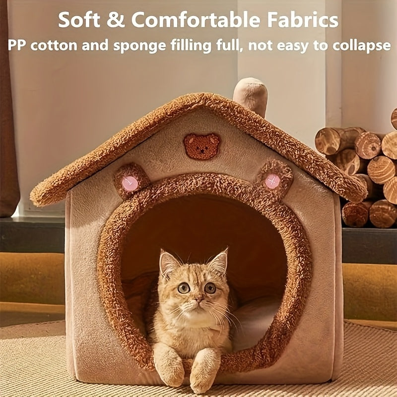 Casa Única para Pets em Estilo Vila Pequena Com Forro de Fleece Ártico e Fleece Curto, Fundo Antiderrapante Removível e Lavável, Ideal para Gatos e Cães Ultra-Pequenos, Pequenos e Médios.