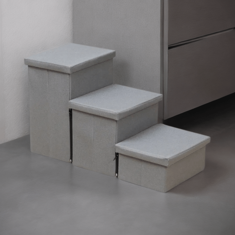 Escada Pet Dobrável com 3 Degraus e Caixas Organizadoras Removíveis | Tecido Oxford Cinza | Ideal para Cães de Pequeno e Médio Porte | Design Compacto