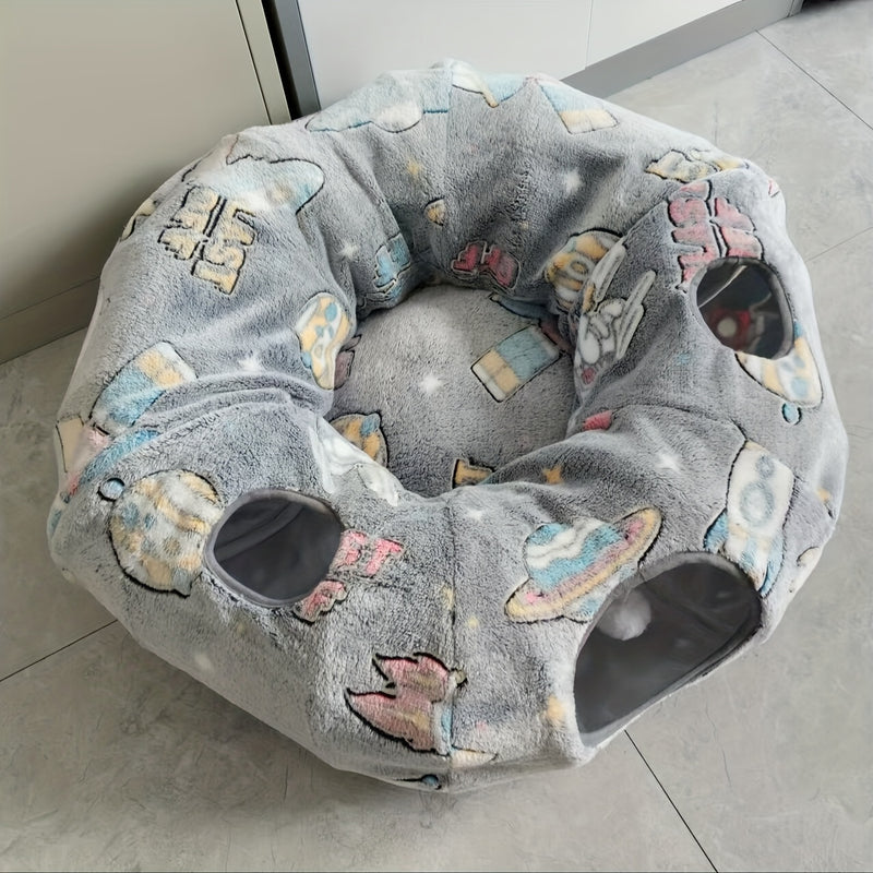 Túnel para Gatos com Cama – Túnel de Brincar com Tapete, Pelúcia Longa, Sono Profundo, Removível e Lavável, Passagem para Gatos Conectável e Multifuncional.