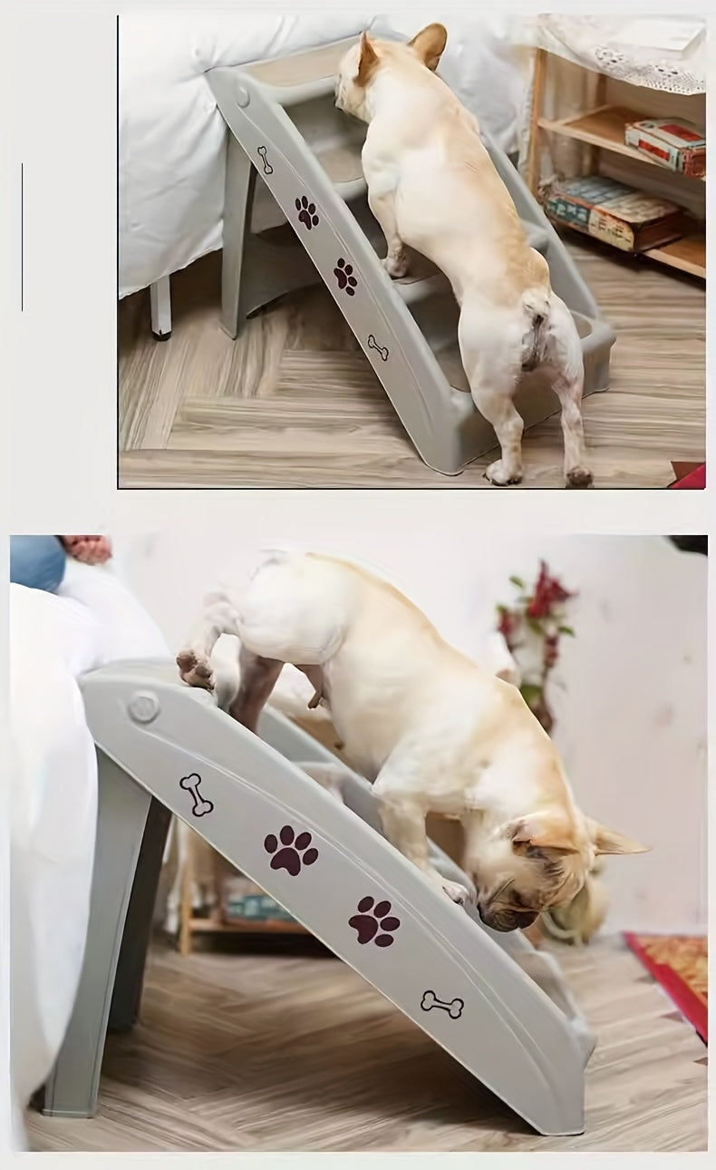 Escada Pet Portátil Dobrável – Para Cães e Gatos de Pequeno Porte | Escada de Plástico com Degraus Antiderrapantes e Estampa de Patinhas